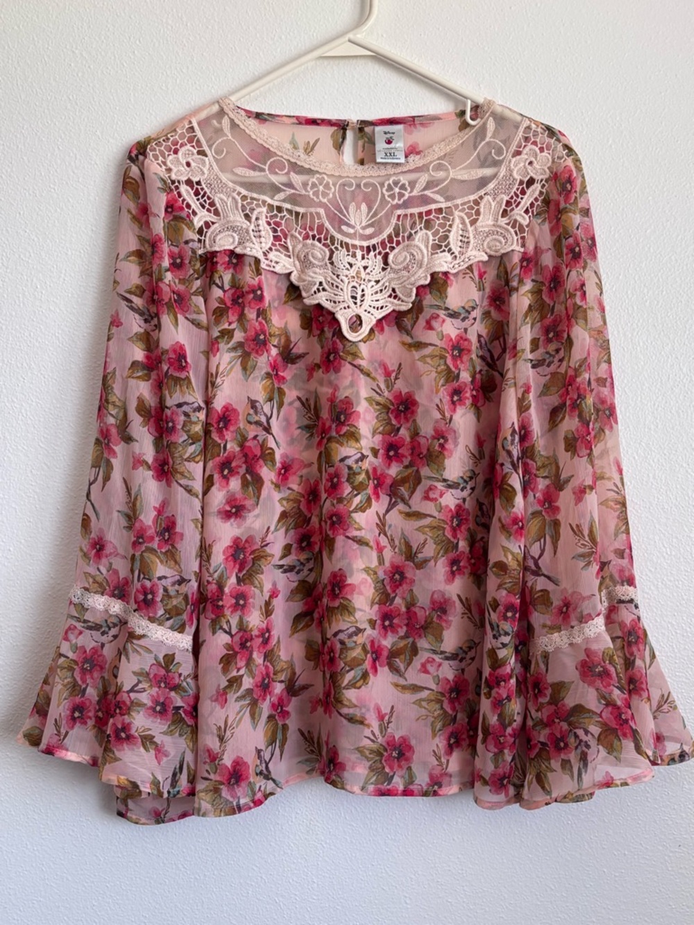Disney Lauren Conrad Collection Pink Sheer Bell Sleeve Floral & Lace Blouse XXL